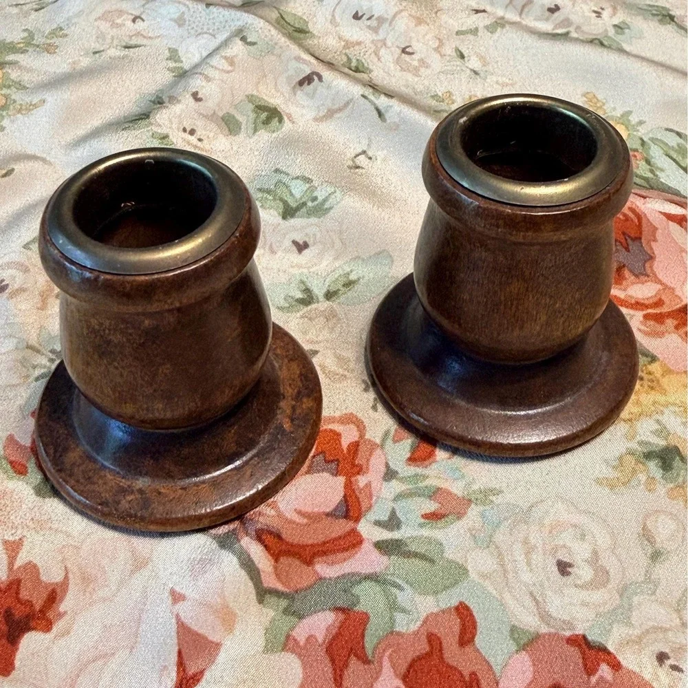 Mid Century Modern Pair of Wood and Brass Candleholders MCM